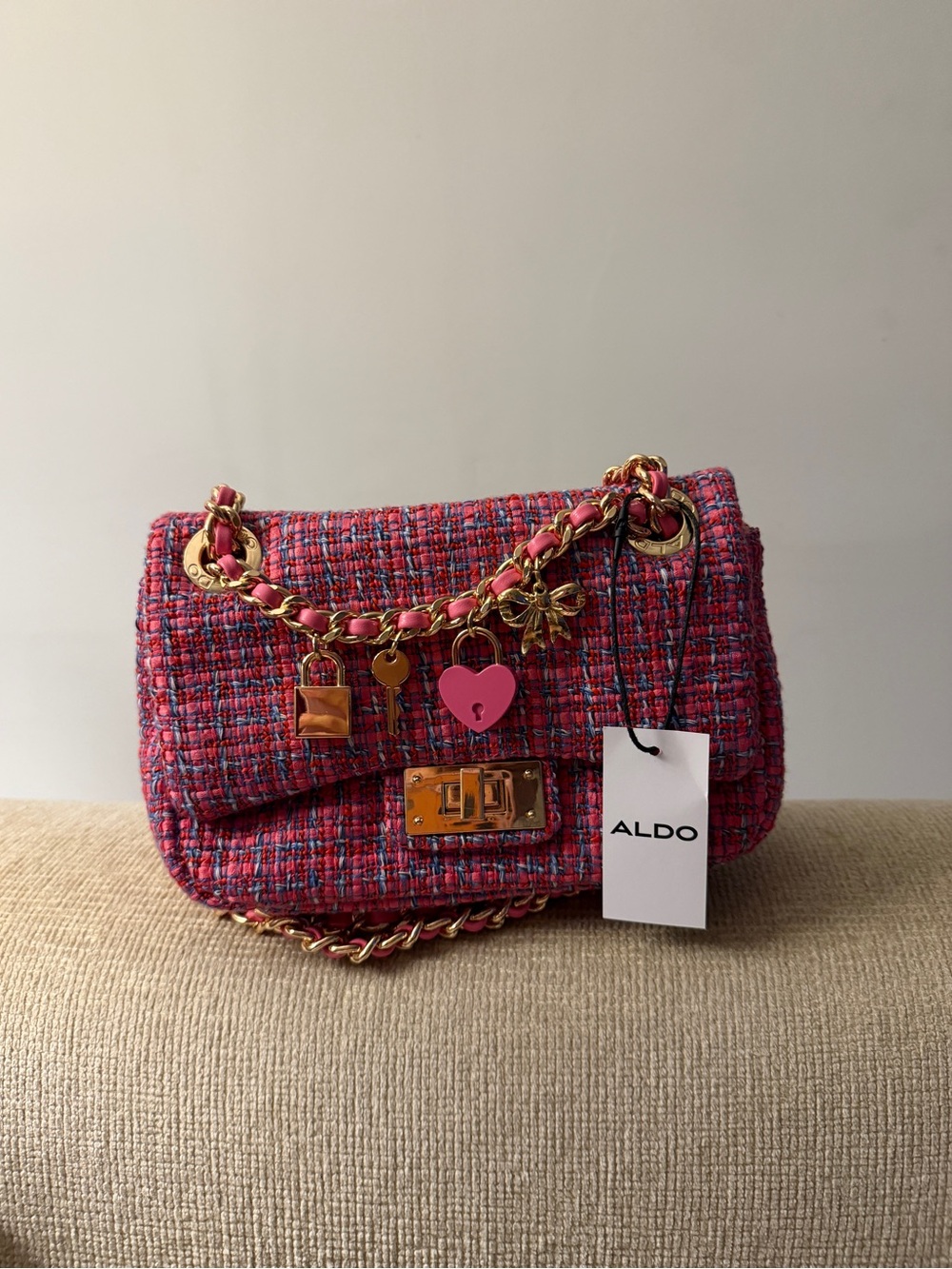 ALDO Ballerina Pink Tweed Shoulder Bag with Gold Chain & Charms